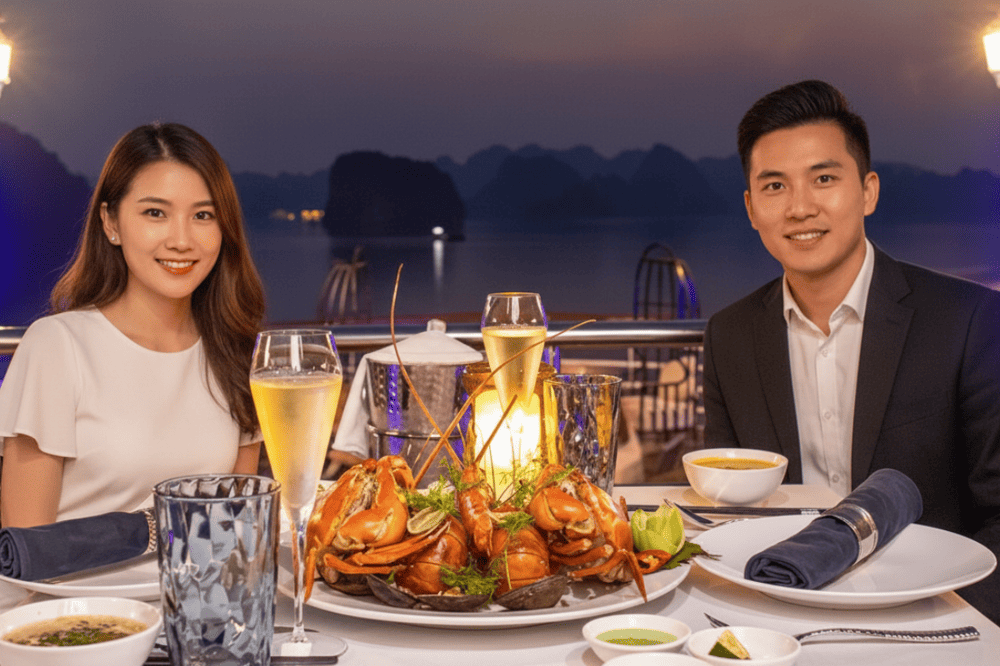 Thưởng thức bữa tối hải sản trên thuyền câu mực ban đêm.